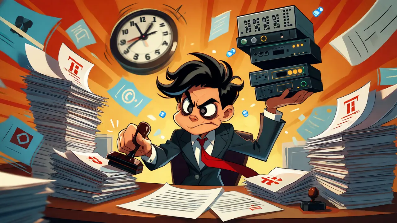 Stressed entrepreneur buried in compliance paperwork and tech servers.