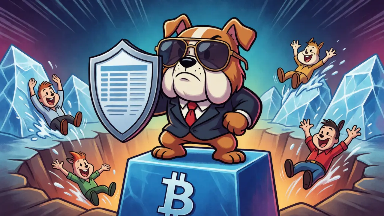 Sturdy cartoon dog standing firm on stable crypto assets amidst market chaos
