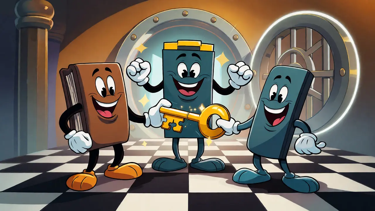 Three wallet characters combining pieces to form a golden key.