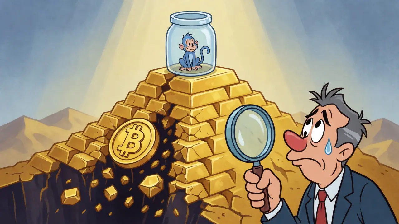 Tiny monkey in a jar atop a crumbling mountain of gold coins