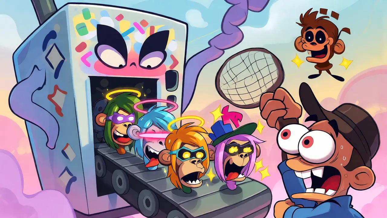 Vending machine dispensing rare cartoon apes and avatars to a frantic collector.