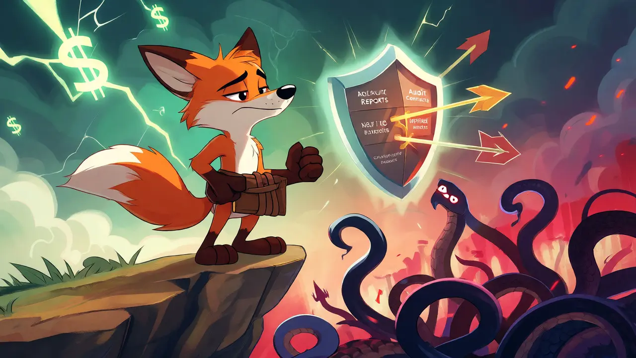 Wary cartoon fox guarding wallet from phishing scams