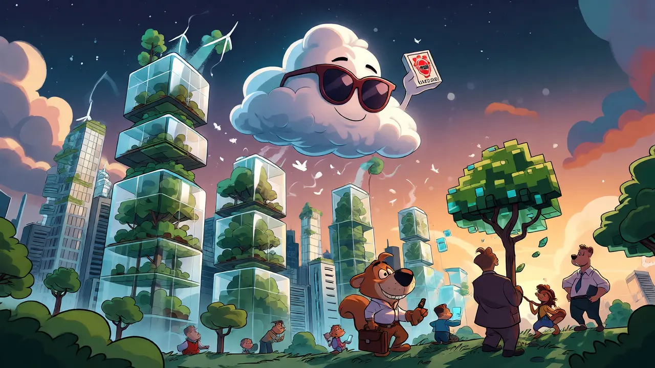 Futuristic city with forest-filled skyscrapers and happy animals planting digital trees.