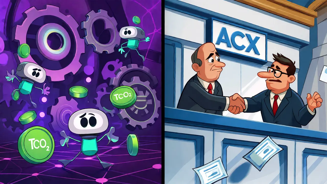 Split screen showing chaotic DeFi robots versus orderly institutional traders in cartoon style.